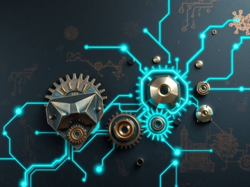 Mechanical gears and digital circuitry illustrating automated workflow rules